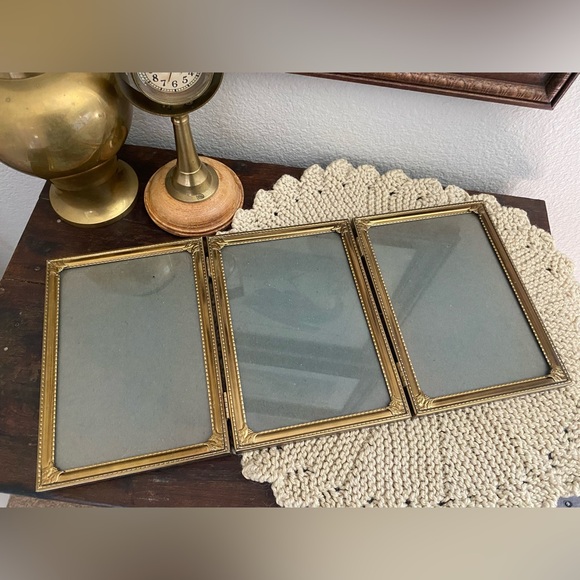 Other - Vintage Midcentury Brass Frame 5x7 Trifold Gold Frame 1970s Frame